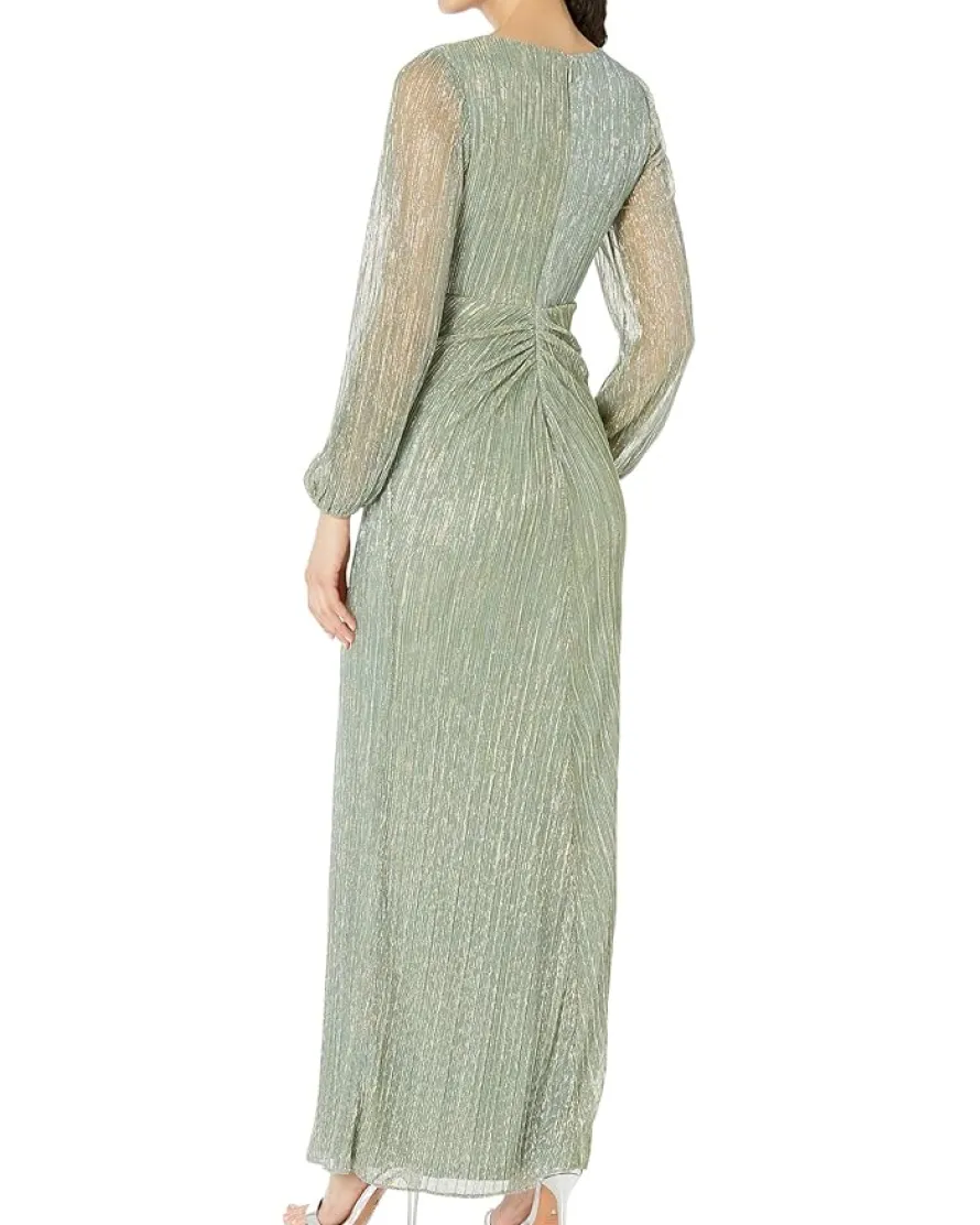 Adrianna Papell Long Sleeve Crinkle Metallic Gown with Draped Waist Detail Women's