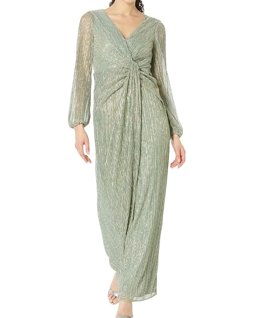 Adrianna Papell Long Sleeve Crinkle Metallic Gown with Draped Waist Detail Women's