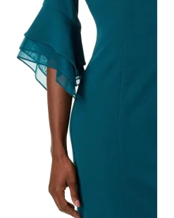Adrianna Papell Stretch Knit Crepe Sheath Dress with Tiered Organza Bell Sleeve Women's