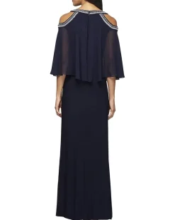 Alex Evenings Long Chiffon Cold-Shoulder Popover Dress Women's