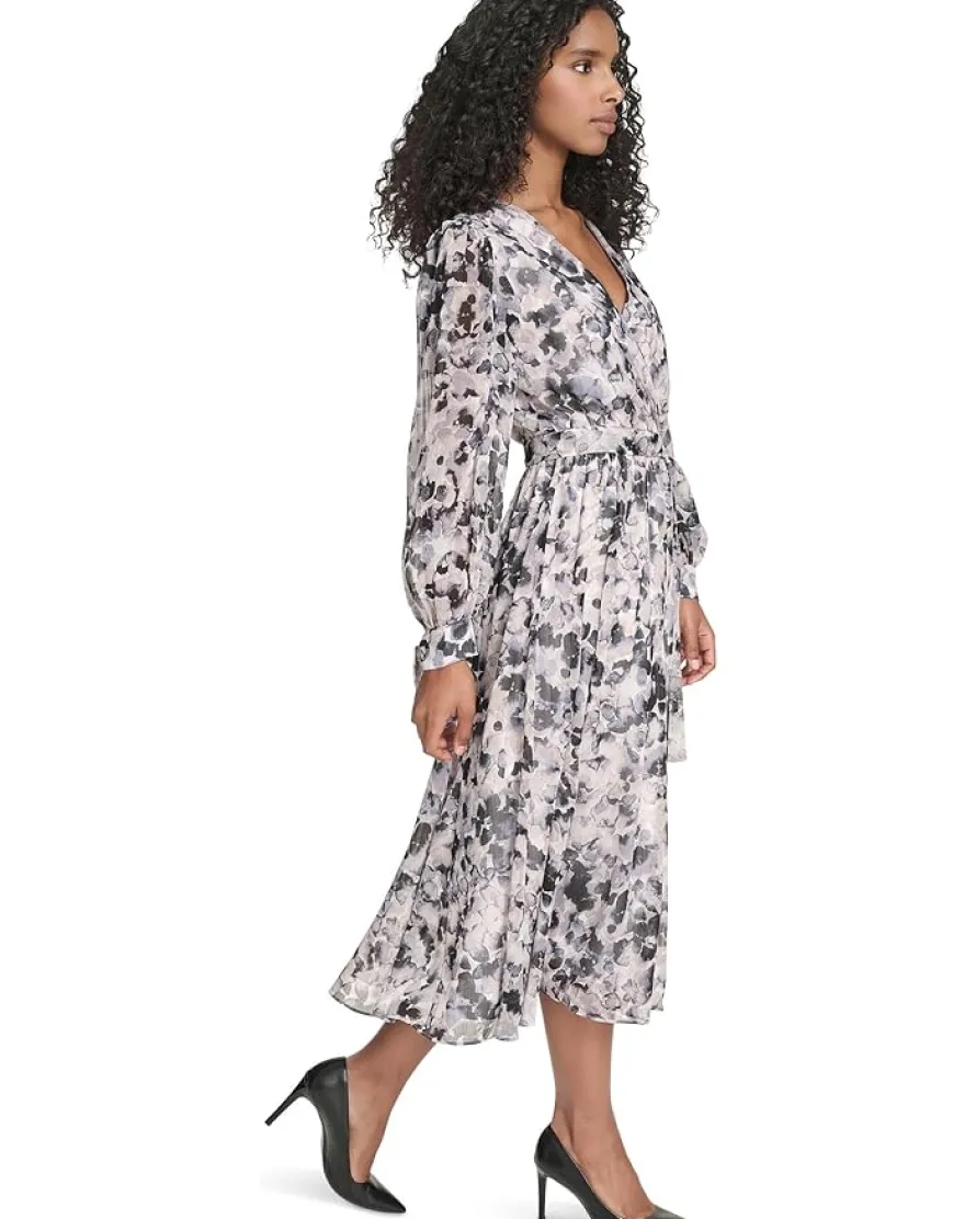 Calvin Klein V-Neck Long Sleeve Chiffon Midi Women's