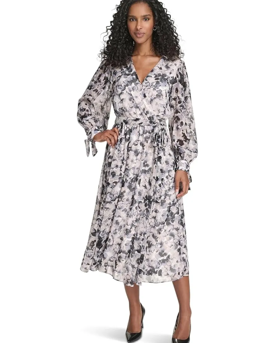 Calvin Klein V-Neck Long Sleeve Chiffon Midi Women's