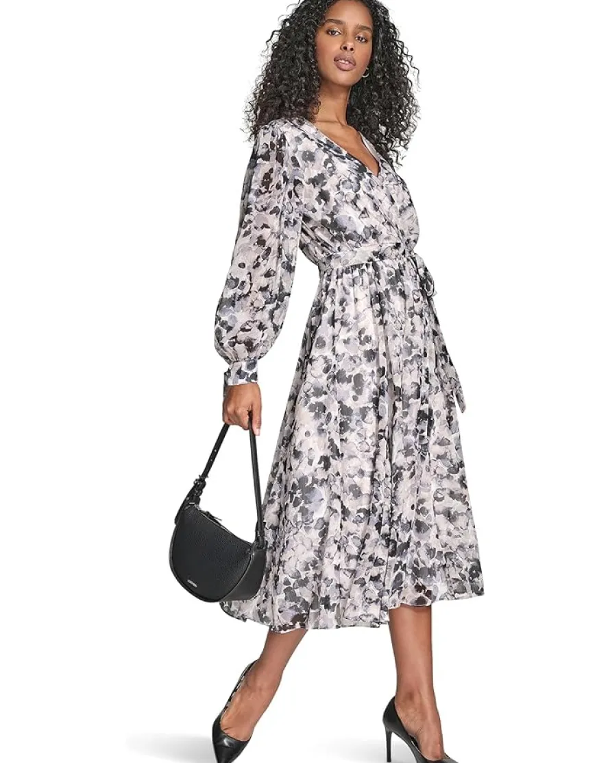 Calvin Klein V-Neck Long Sleeve Chiffon Midi Women's