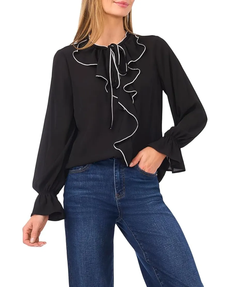 CeCe Long Sleeve Button-Down Ruffle Top Women's