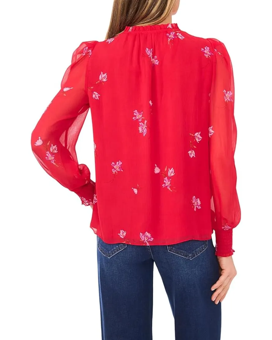 CeCe Smocked Cuff Ruffle Tie Neck Top Women's