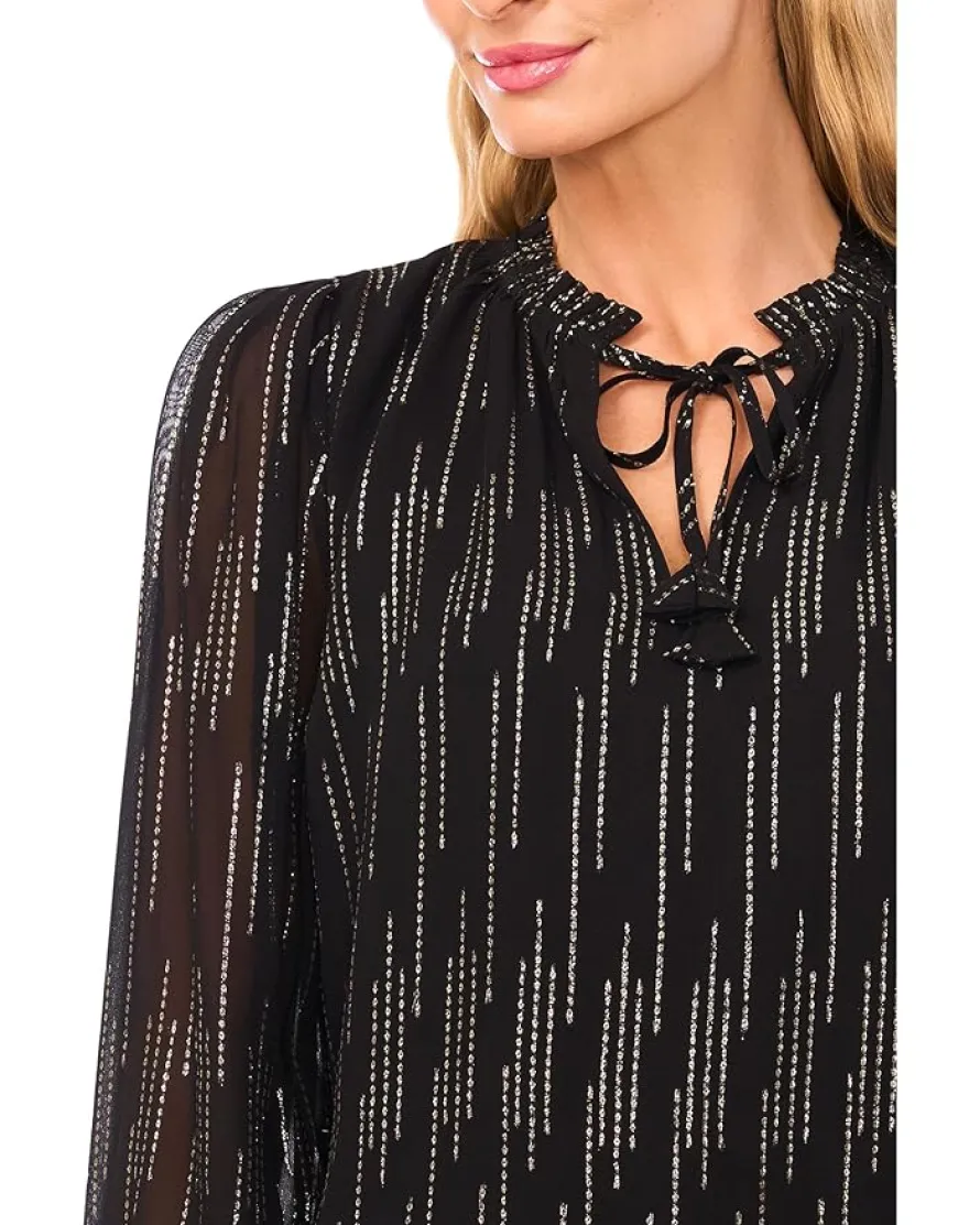 CeCe Smocked Cuff Ruffle Tie Neck Top Women's