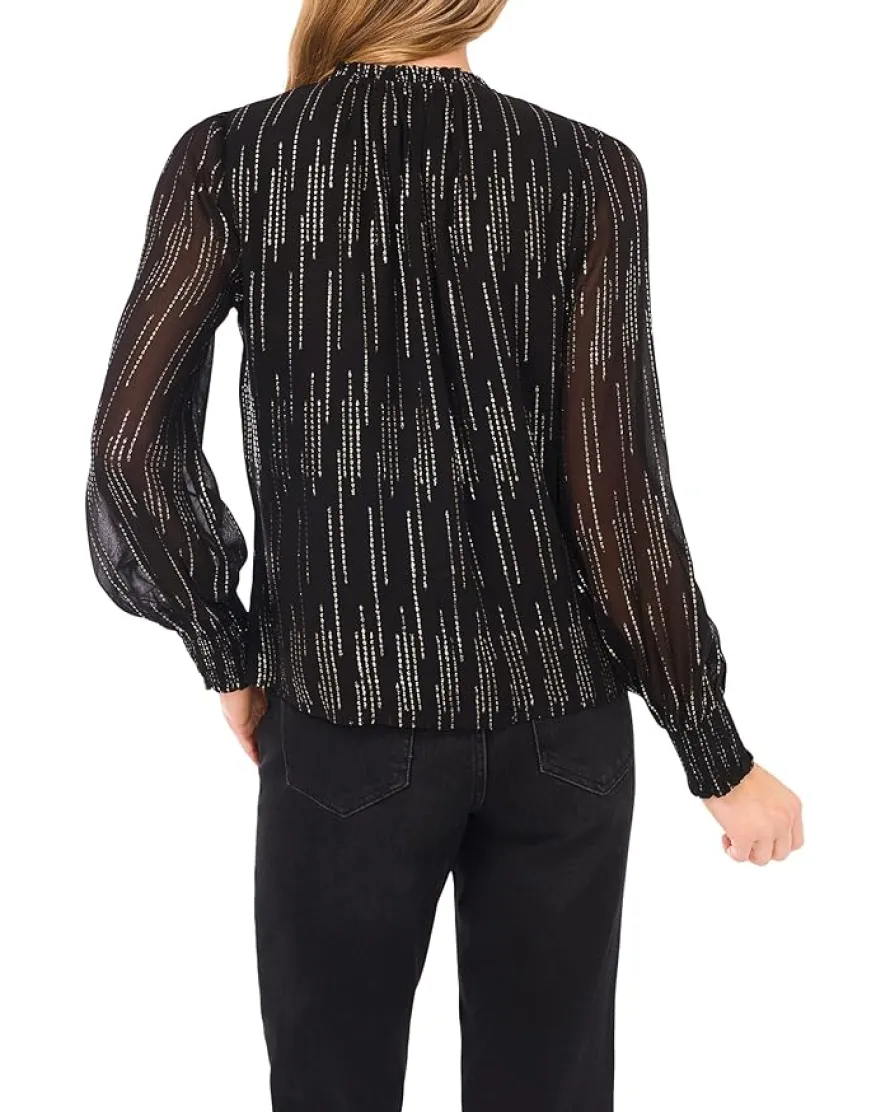 CeCe Smocked Cuff Ruffle Tie Neck Top Women's