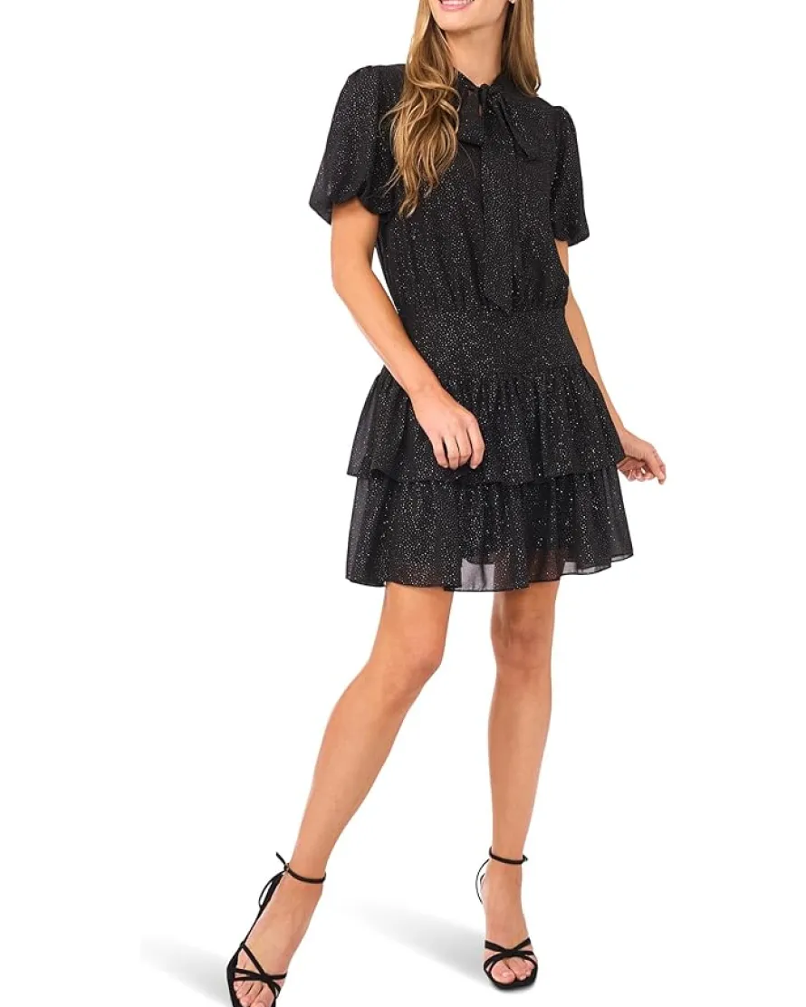 CeCe Tie Neck Ruffled Tier Mini Dress Women's