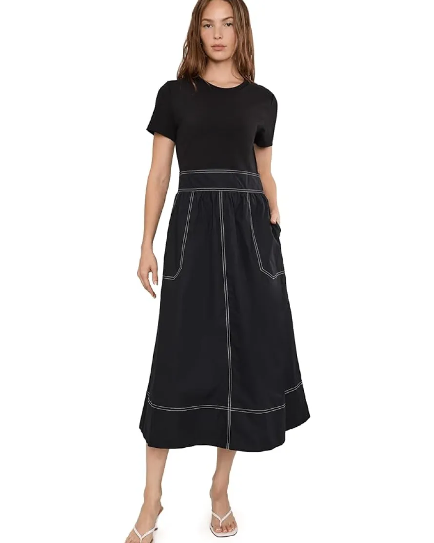 Elliott Lauren In Stitches, Short Sleeve Knit and Woven Combo dress with Contrast Stitching Women's