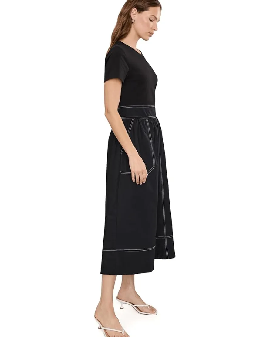 Elliott Lauren In Stitches, Short Sleeve Knit and Woven Combo dress with Contrast Stitching Women's