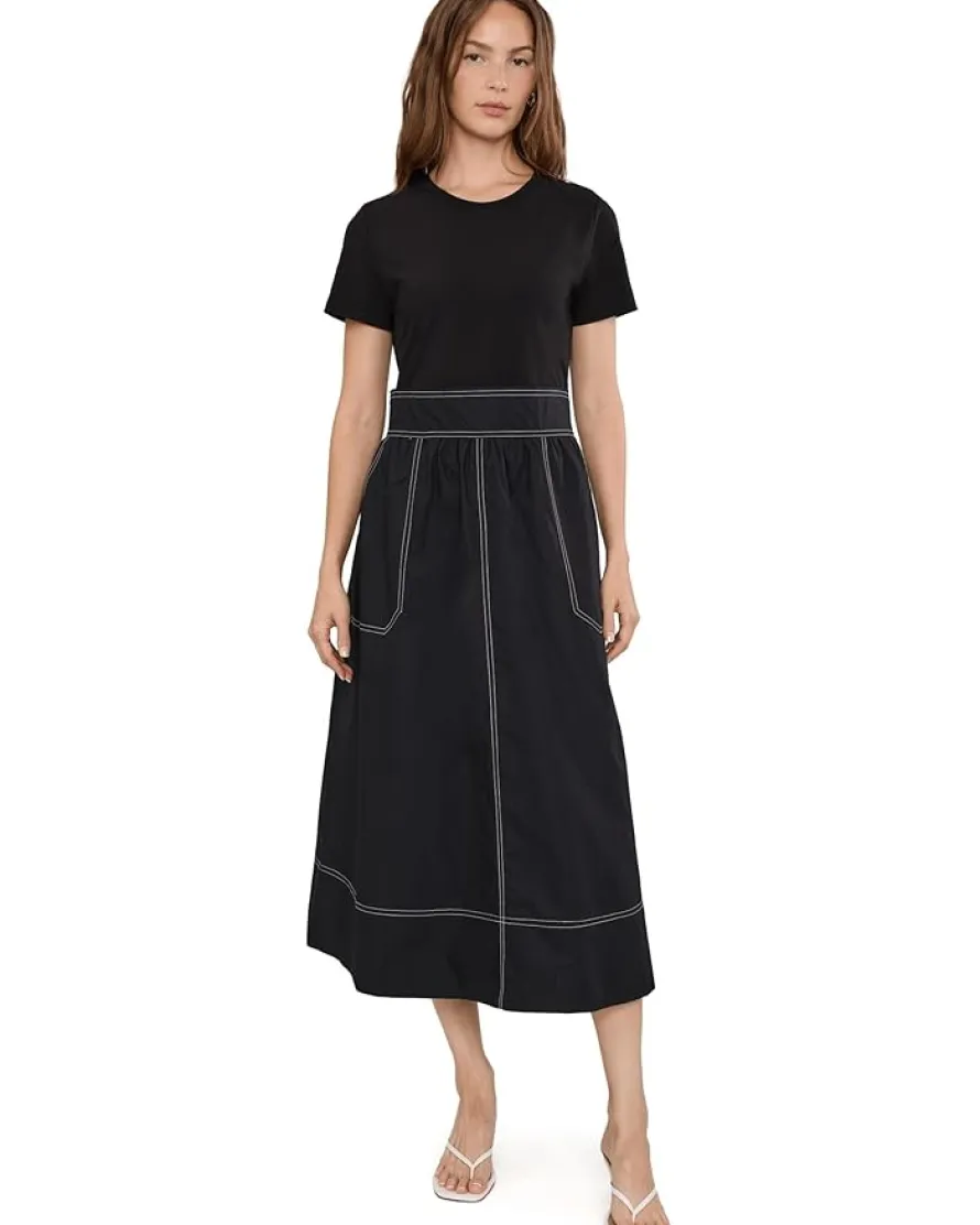 Elliott Lauren In Stitches, Short Sleeve Knit and Woven Combo dress with Contrast Stitching Women's