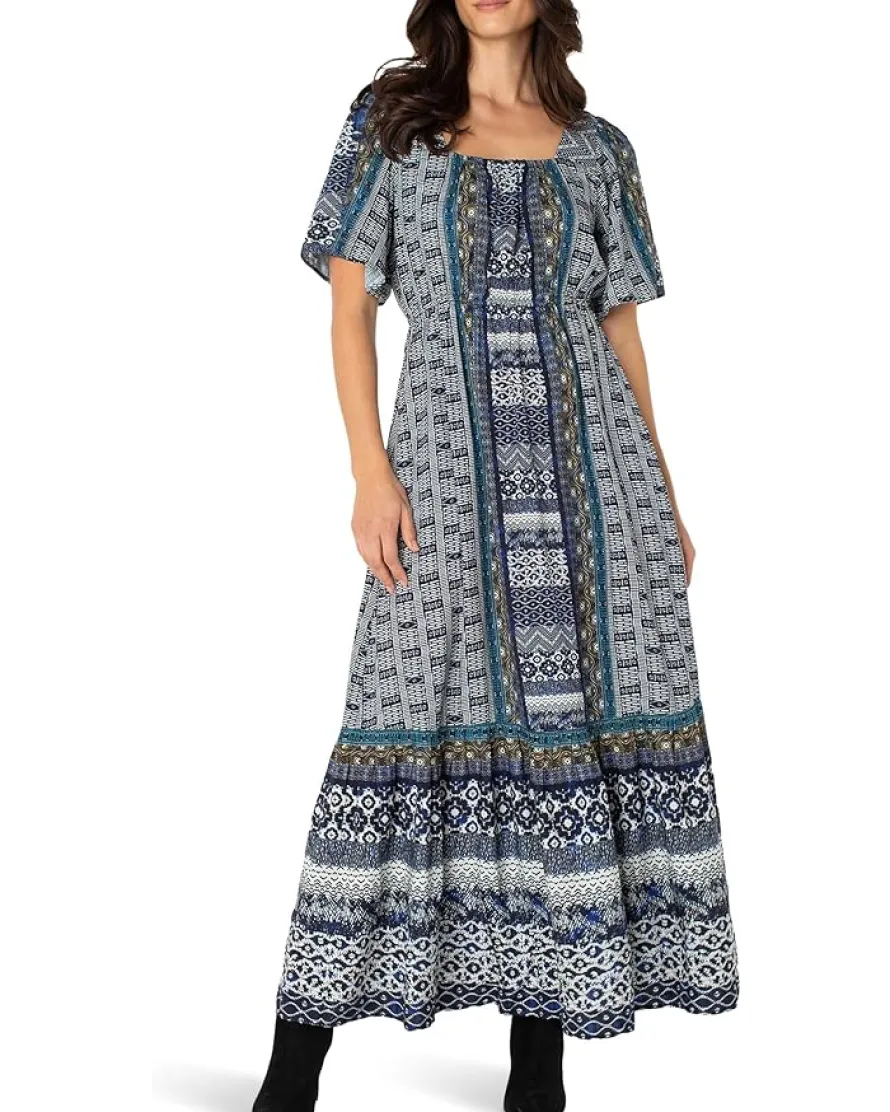 Liverpool Los Angeles Elbow Sleeve Square Neck Woven Maxi Dress With Pockets Women's