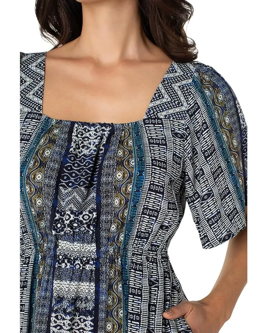 Liverpool Los Angeles Elbow Sleeve Square Neck Woven Maxi Dress With Pockets Women's