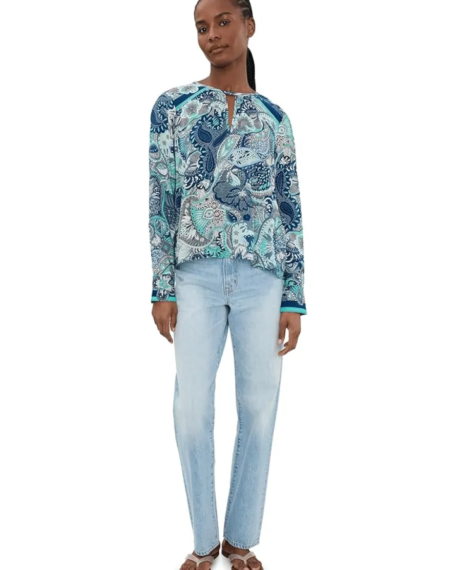 Liverpool Los Angeles Petite Long Sleeve Woven Top w/ Keyhole Neckline Women's