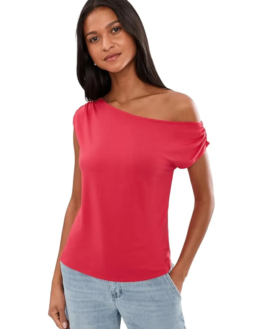 Liverpool Los Angeles Petite Short Sleeve Asymmetric Off-Shoulder Knit Top Women's