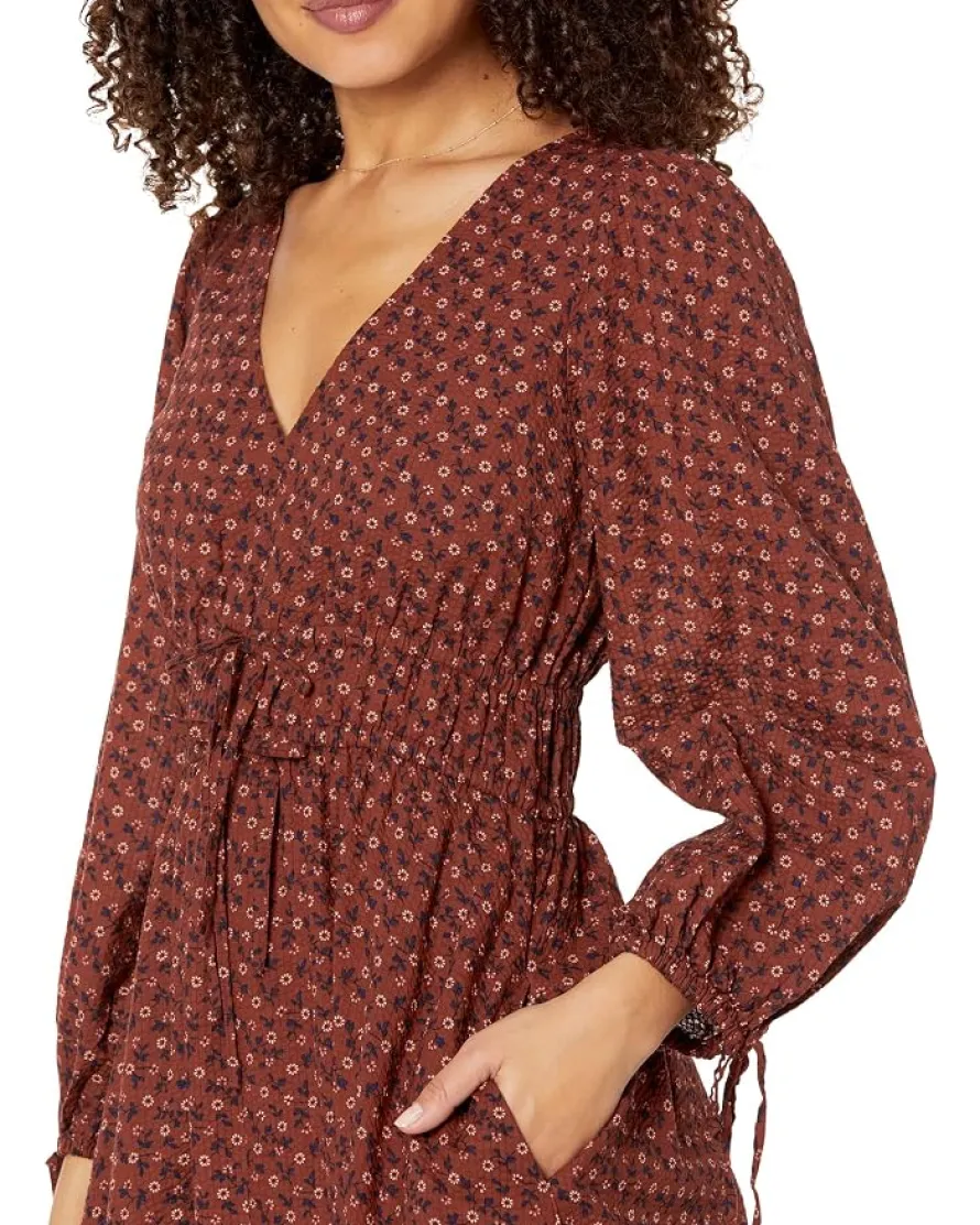 Madewell Arianne - Print Long Sleeve Tie Midi Dress - Cotton Seersucker Women's
