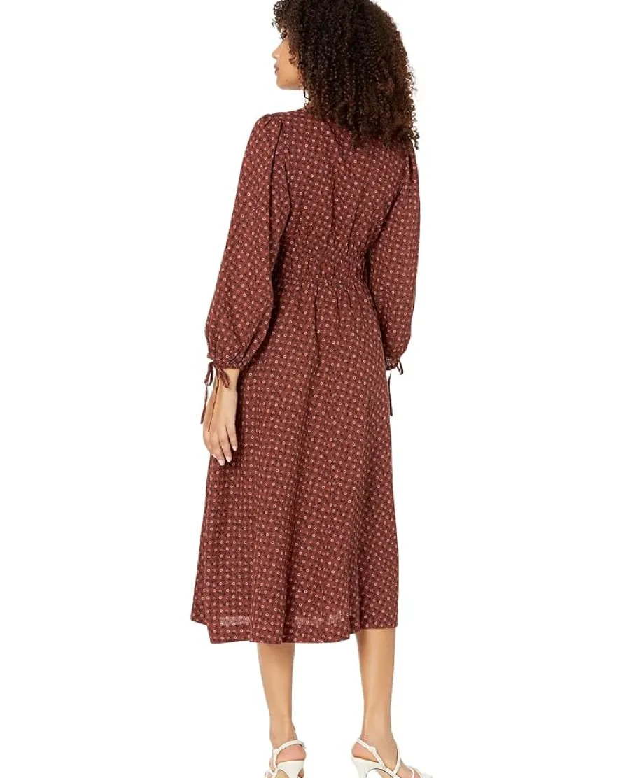 Madewell Arianne - Print Long Sleeve Tie Midi Dress - Cotton Seersucker Women's