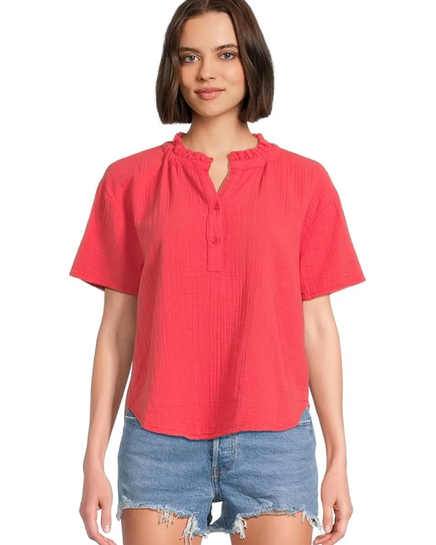 Mod-o-doc Short Sleeve Ruffle Neck Henley Top Women's