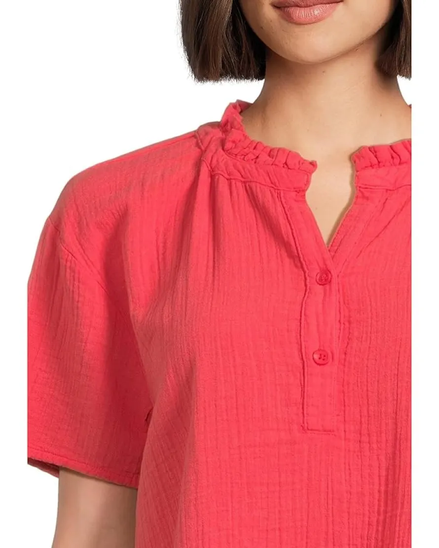 Mod-o-doc Short Sleeve Ruffle Neck Henley Top Women's