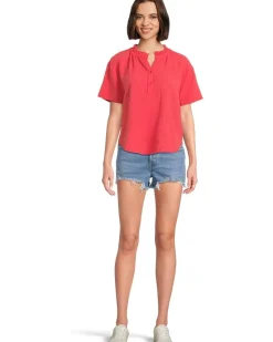 Mod-o-doc Short Sleeve Ruffle Neck Henley Top Women's
