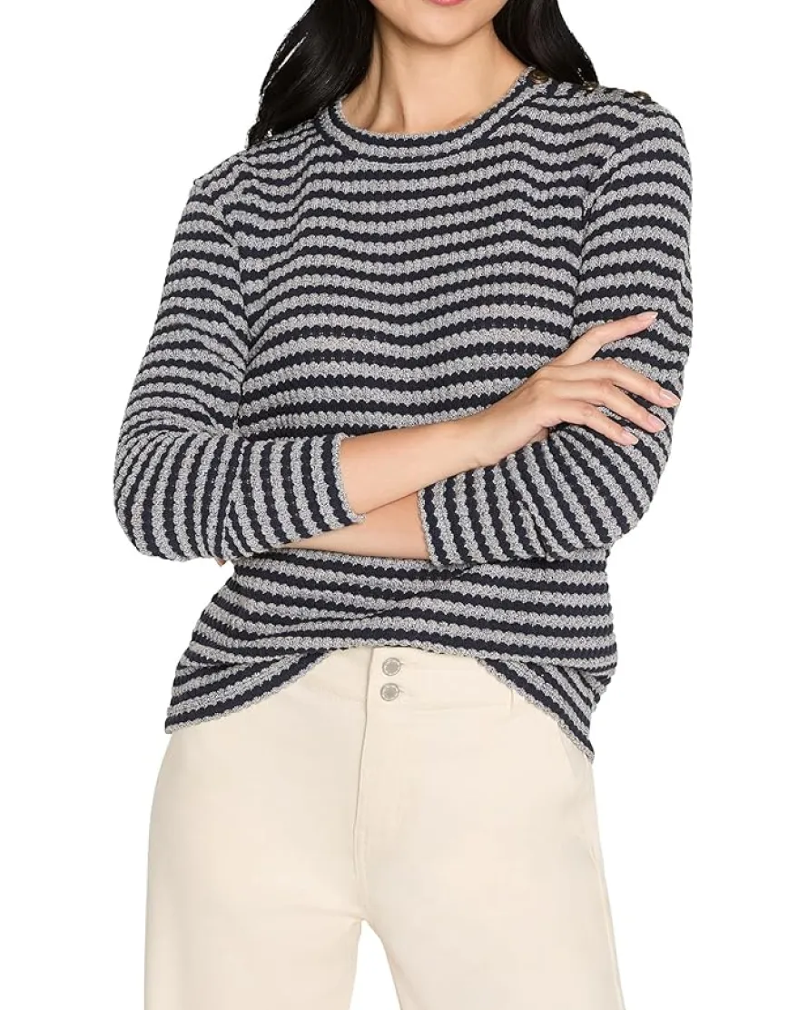 NIC+ZOE Petite Texture Stripe Button Shoulder Top Women's