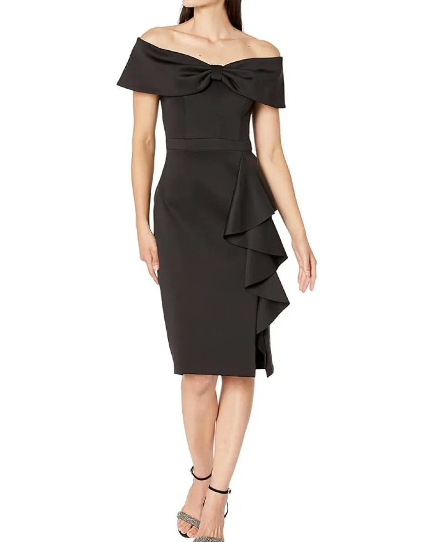 XSCAPE Off-the-Shoulder Bow Short Scuba with Ruffle Women's