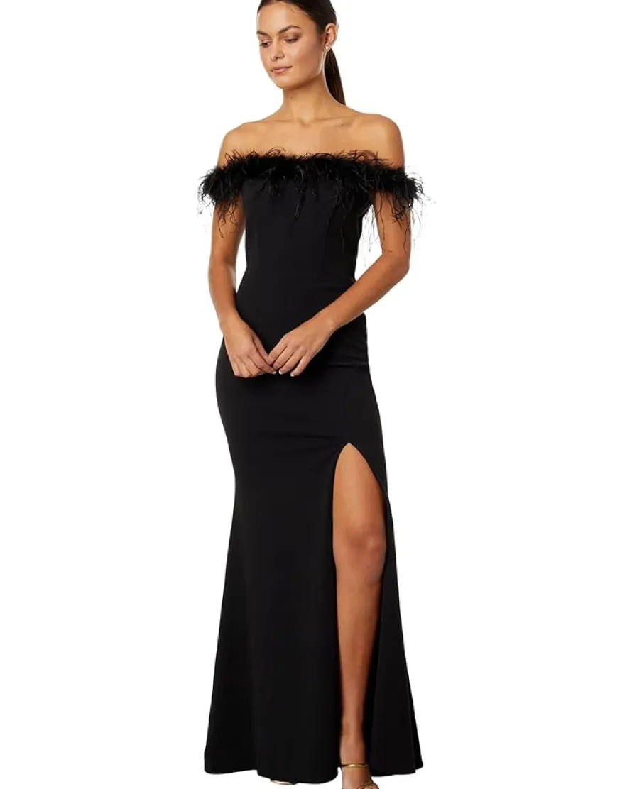 XSCAPE Off-the-Shoulder Long Scuba Crepe Feathers Women's