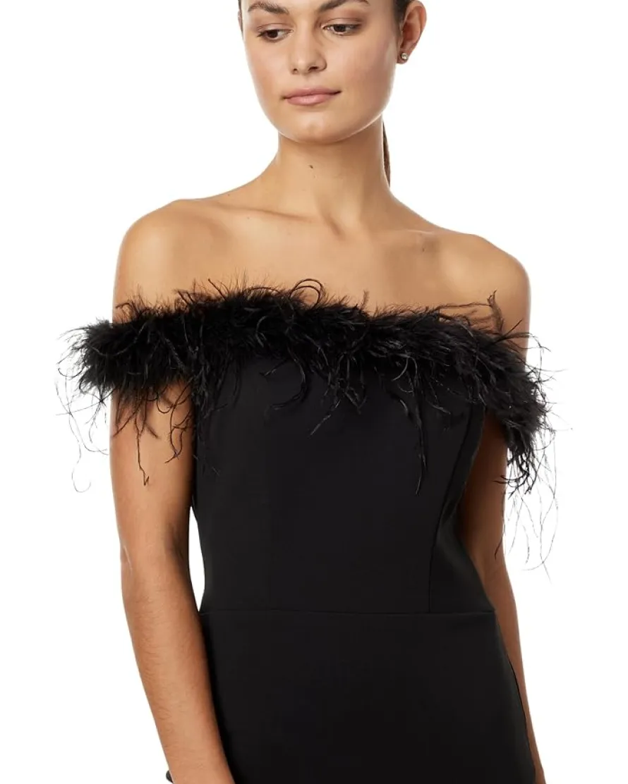 XSCAPE Off-the-Shoulder Long Scuba Crepe Feathers Women's